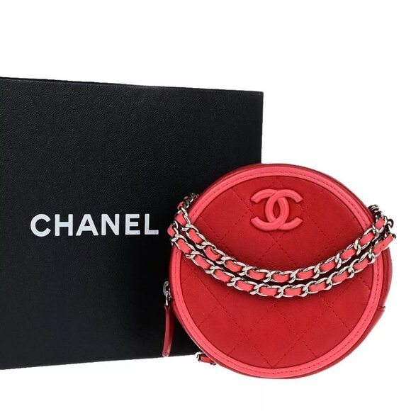 CHANEL CC Logo Round Mini Chain Shoulder Bag Leather Red Pink SHW Italy authenti - Picture 1 of 16